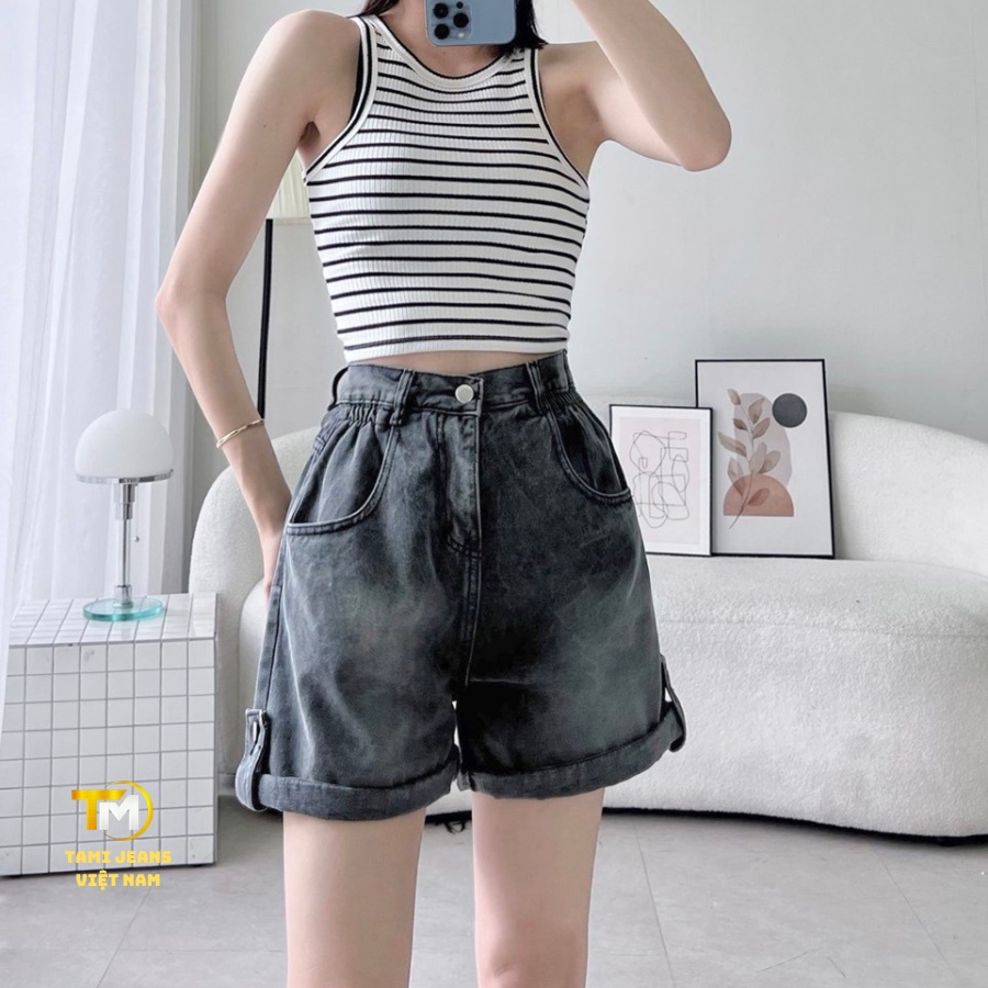 Quần short jean nữ lưng cao eo nhún chun lai bách 4 màu đậm, nhạt, đen, tro