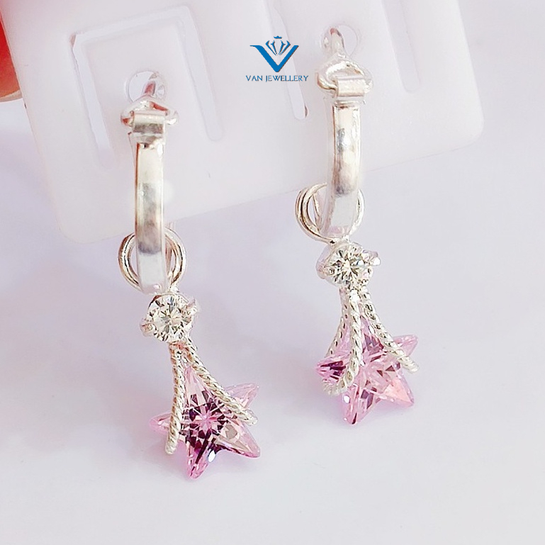Khuyên tai bạc ta cho bé đính sao hồng Van Jewelry V10304