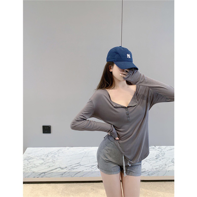 Áo thun COZOKC lụa dài tay dáng ôm thiết kế lệch tà cá tính thời trang cho nữ