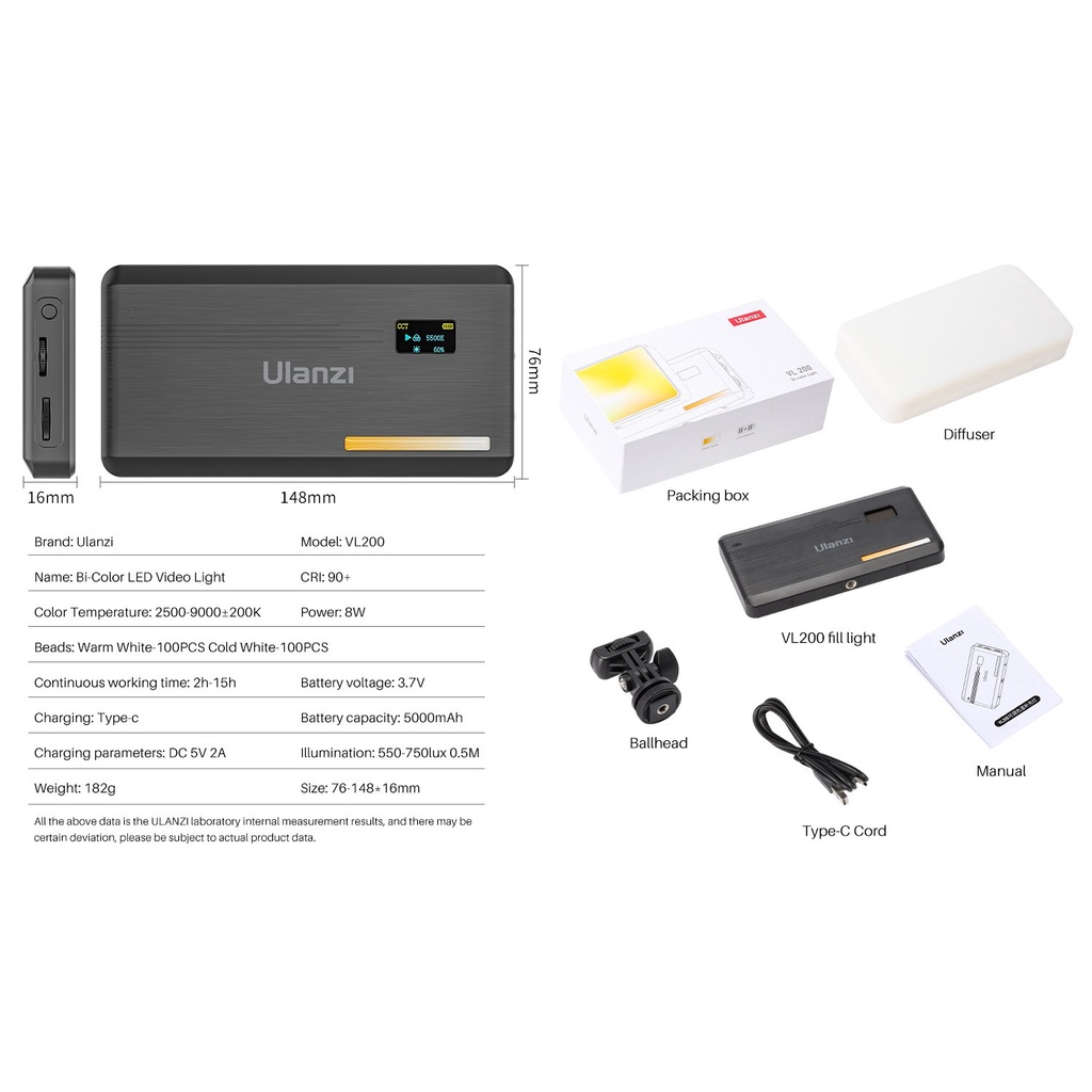 ULANZI VL200 BI-COLOR (2500-9000K) - HÀNG CHÍNH HÃNG - Đèn LED 2 màu, tích hợp pin 5000mAh có thể sạc lại