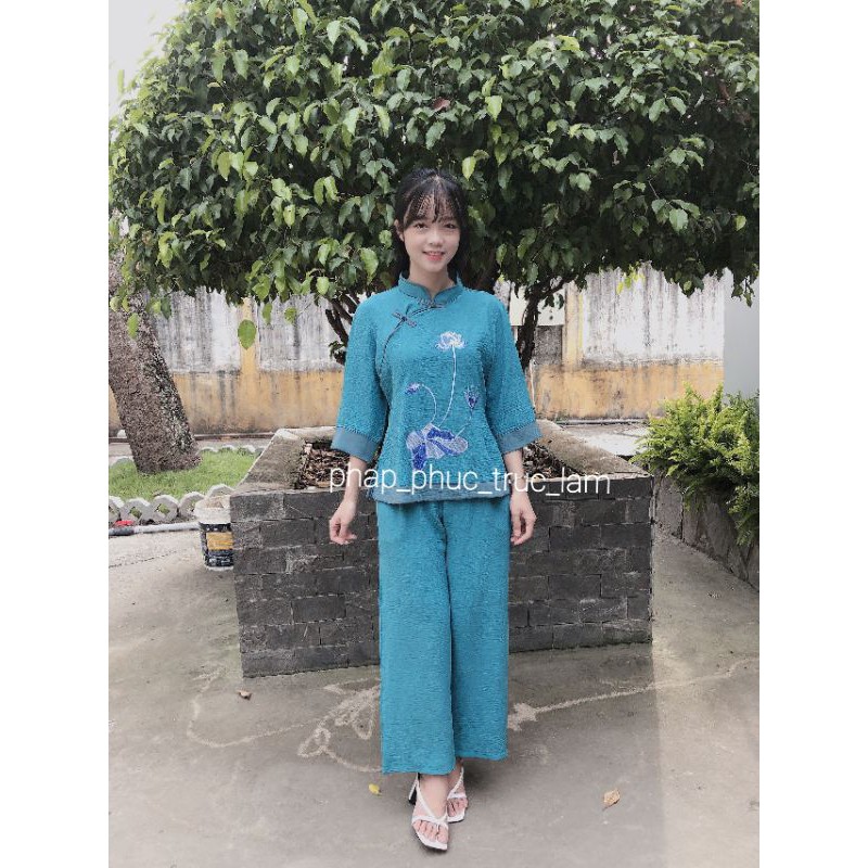 đồ lam đi chùa mẫu sẩm hàn quốc vải đũi