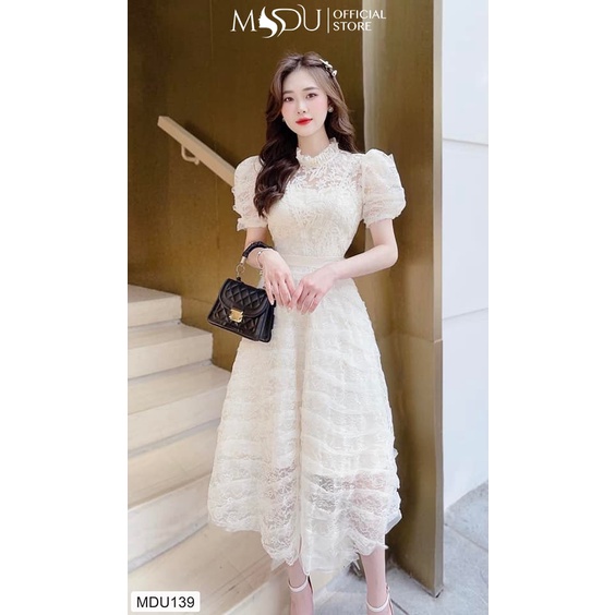 Đầm ren nữ dáng xòe tay bồng tiểu thư trắng MDU139 - THỜI TRANG THIẾT KẾ MDU