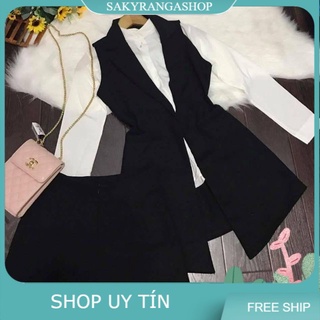Set 3 món: áo vest đen + quần short đen + áo sơ mi trắng phong cách