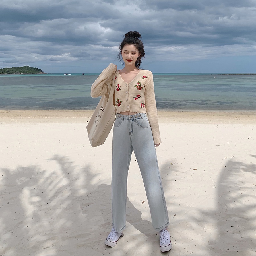 Porozi Áo khoác cardigan  dệt kim tay dài dáng ngắn thêu họa tiết phong cách xinh xắn thời trang Hàn Quốc cho nữ