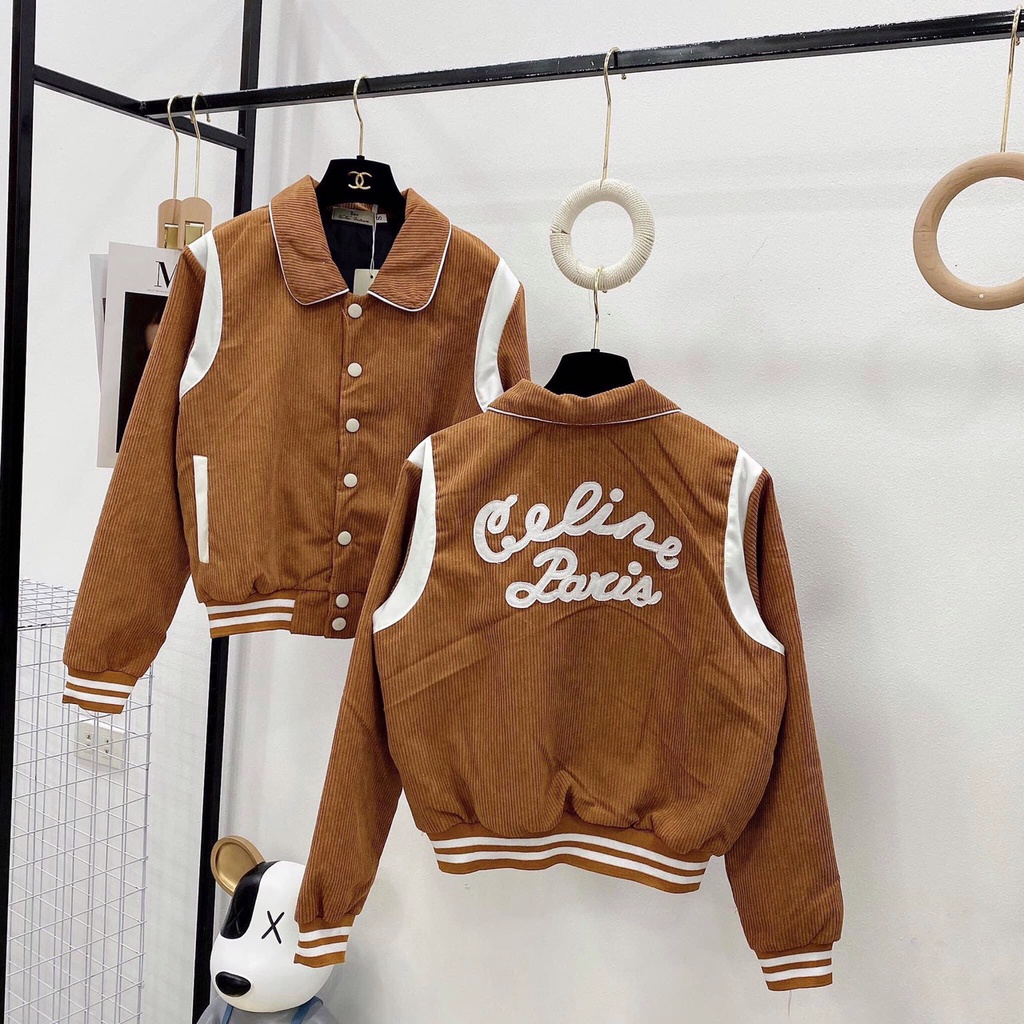 Áo khoác nữ thu đông kiểu dáng bomber vải nhung phối trắng vai phong cách hàn quốc