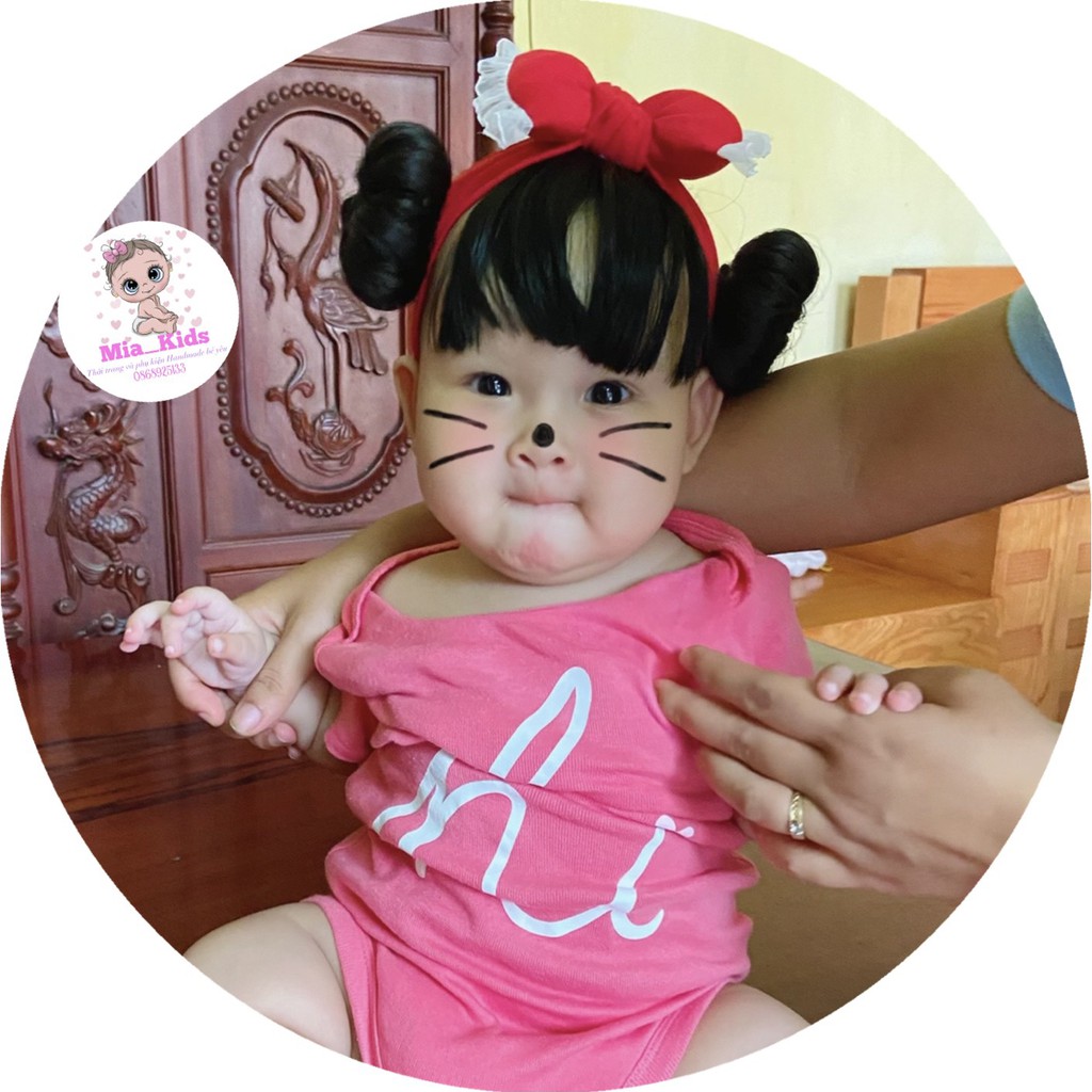Turban Băng Đô Tóc Giả Hai Bên - Kèm Nơ Chất Cotton Dễ Thương Cho Bé Gái
