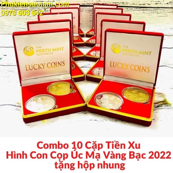Combo 10 Cặp Tiền Xu Hình Con Cọp Úc Mạ Vàng Bạc 2022 tặng hộp nhung; Trưng bày trên bàn sách, bàn làm việc- SP005501