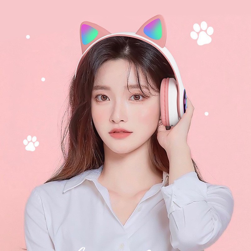 Tai Nghe Mèo Dễ Thương Kết Nối Bluetooth Headphone Chụp Tai Có Đèn Led 7 Màu Âm Bass Mạnh Mẽ - BẢO HÀNH 6 THÁNG