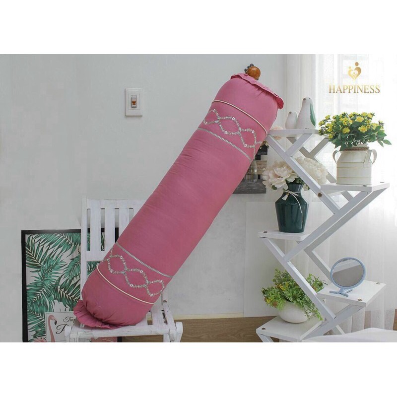 Vỏ Gối Ôm Màu Thêu Happiness Chất Liệu 100% Cotton Hàn Quốc Xịn Xò Kích Thước Tiêu Chuẩn 35x100cm