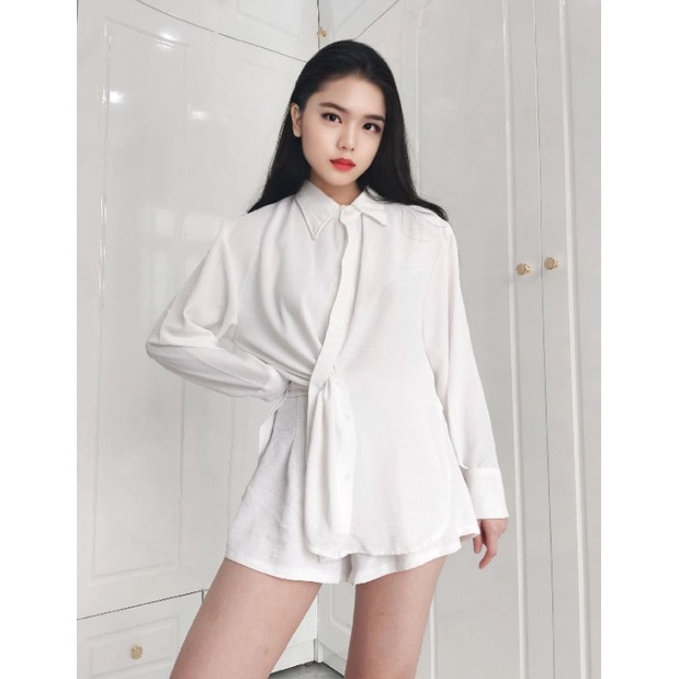 Set sơ mi nữ ulzzang kiểu chéo eo kèm quần hai màu Trắng/ Đen| Áo sơ mi nữ kiểu Hàn Quốc form rộng, tay dài - CB