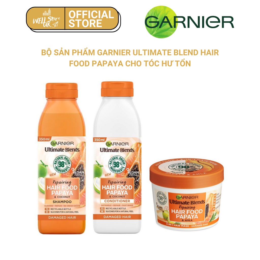 Bộ ba sản phẩm dưỡng tóc chuyên sâu Garnier Ultimate Blend Papaya Hair Food dành cho tóc hư tổn