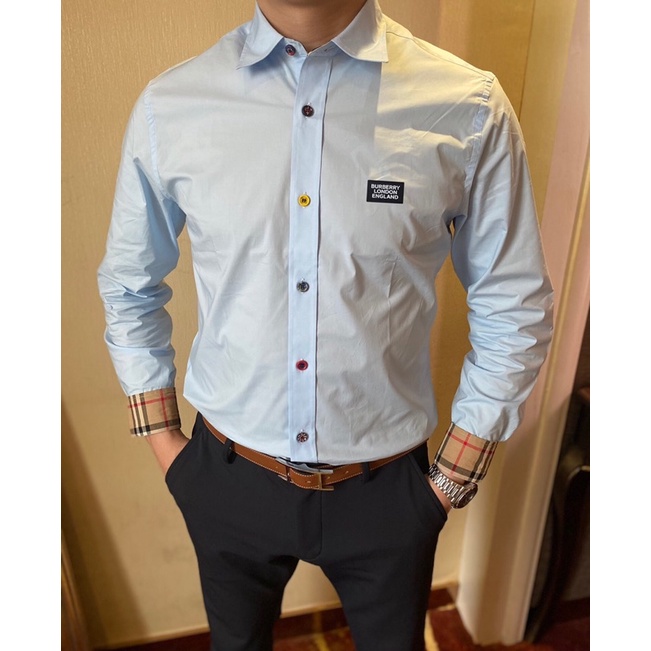 Áo sơ mi nam dài tay màu trơn logo thương hiệu thời trang Burberry 2021 cao cấp
