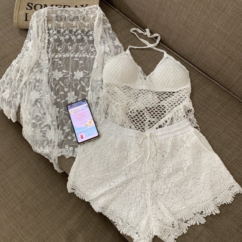 Ren 08-Ảnh Video Thật Shop Chụp-Set Ren Bikini Đi Biển, Bộ Bơi Nữ 3 Chi Tiết Có Bán Rời