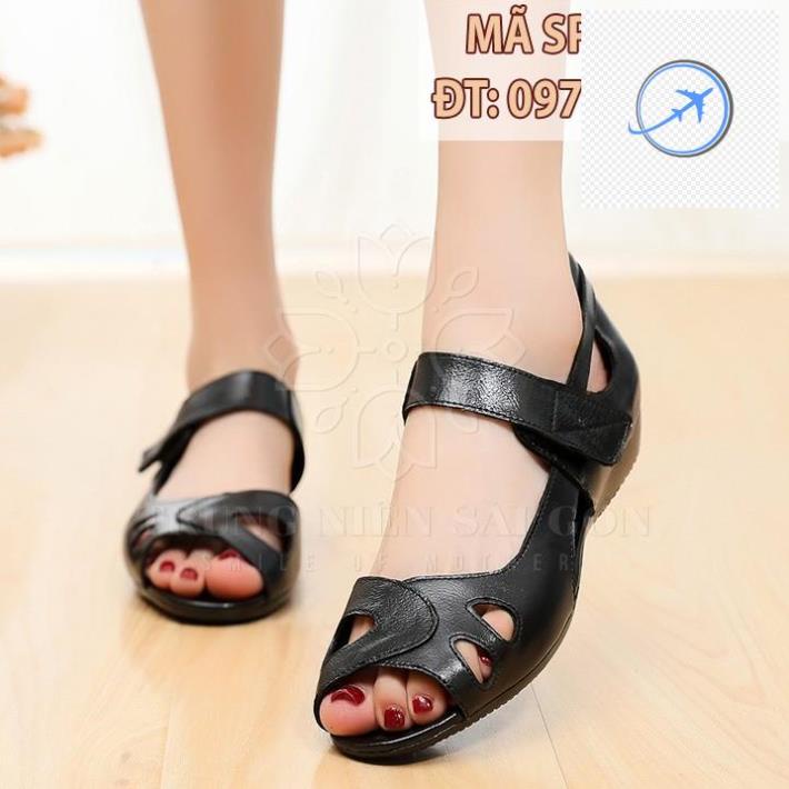 Sandal đế thấp cho mẹ giày đen hở mũi ngoại cỡ trung niên êm chân SD015