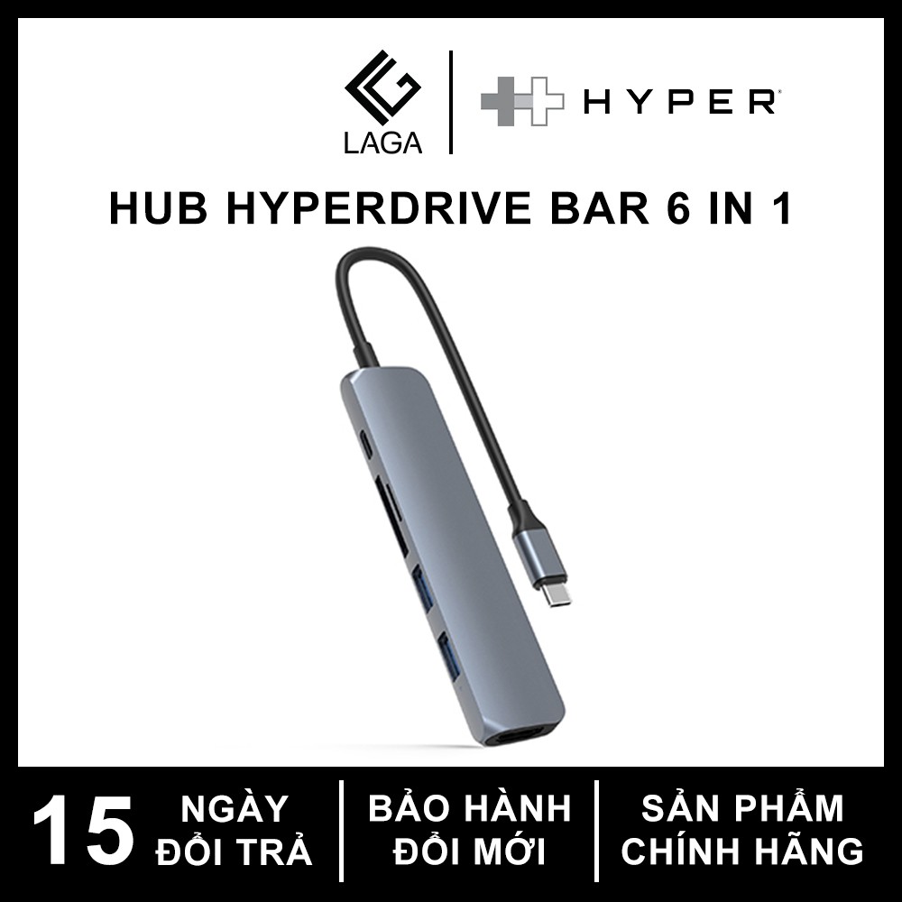 Hub Chia Cổng HYPER HyperDrive Bar 6 in 1 USB-C Sang HDMI 4K USB-C Power Delivery PD USB 3.0 SD Micro SD - HD22E