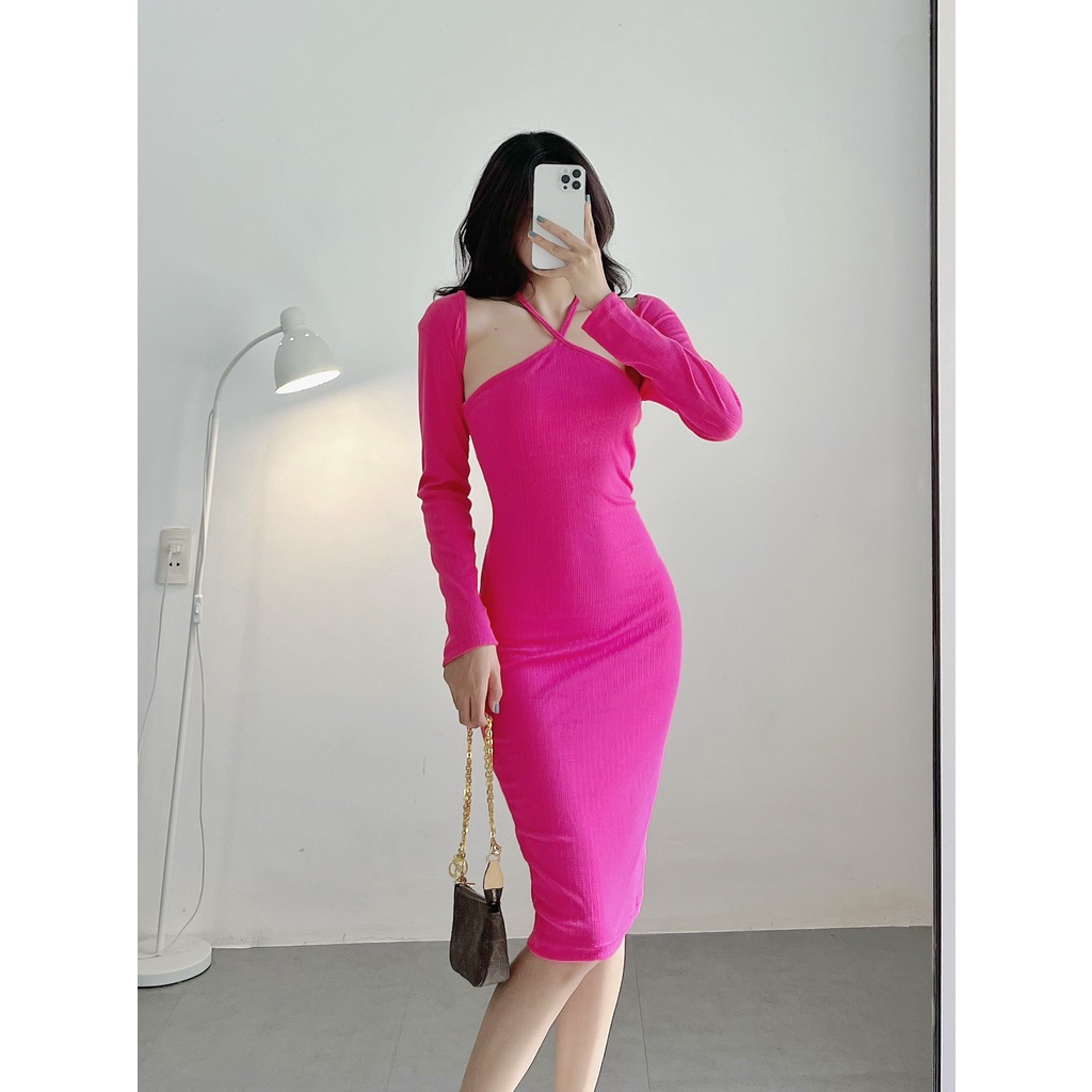 Đầm body nữ tay dài HHVINTAGE kiểu yếm kèm tay rời thun co giãn Dress A83