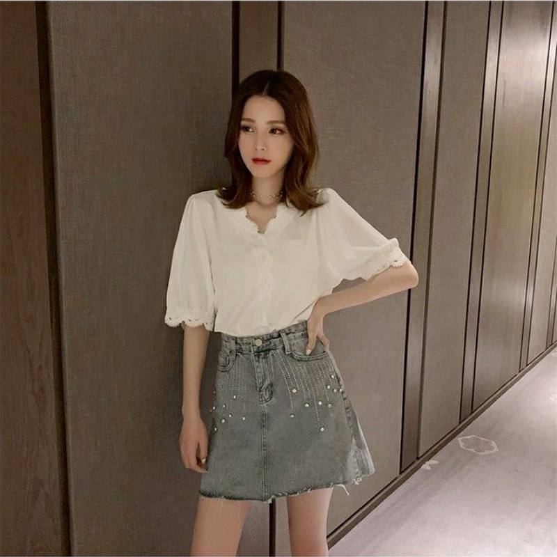 Áo Chiffon Tay Lỡ Phối Ren Dáng Rộng Phong Cách Hàn Quốc Thời Trang Mùa Hè Đơn Giản Cho Nữ