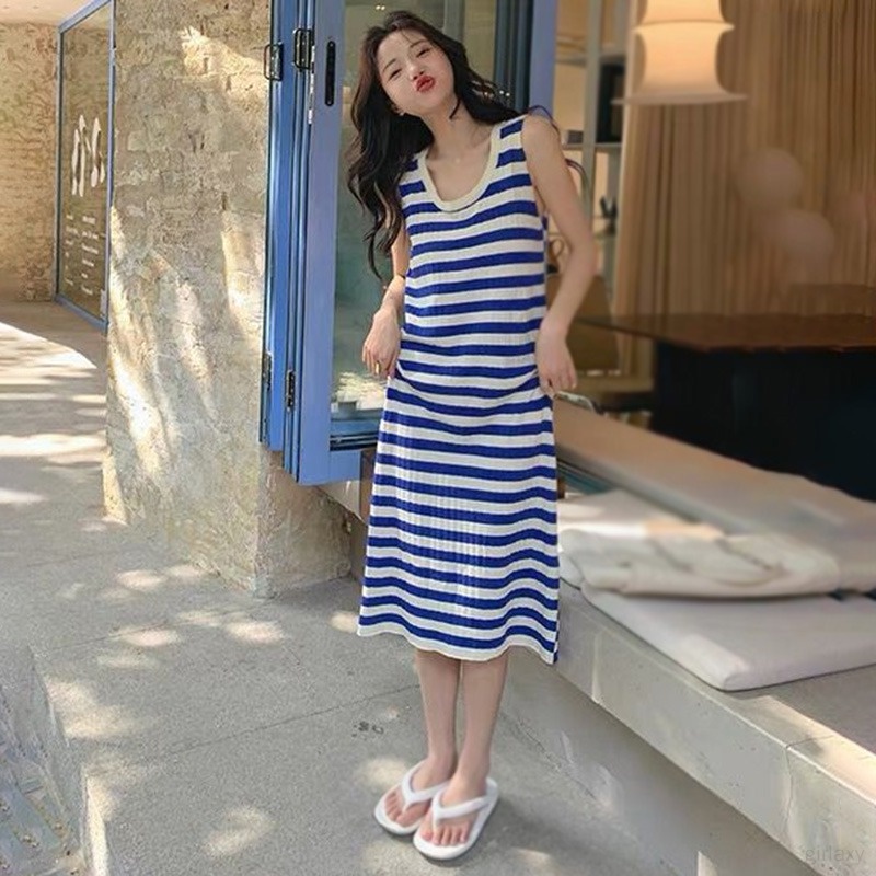 Đầm Dệt Kim Sát Nách Cổ Tròn Họa Tiết Kẻ Sọc Thời Trang Mùa Hè Cho Nữ
