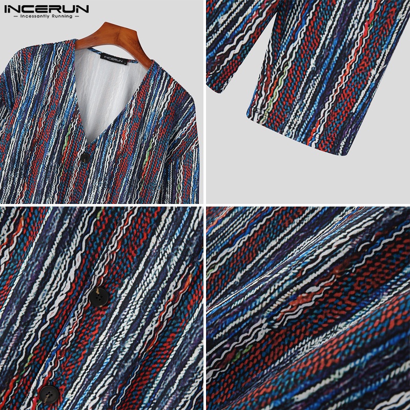 Áo dệt kim INCERUN dài tay cổ chữ V gài nút kẻ sọc nhiều màu phong cách dân tộc cho nam