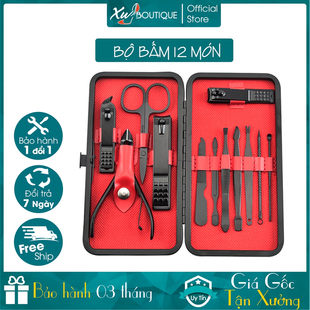 Bộ Dụng Cụ Cắt, Bấm, Dũa Móng Tay 12 Món Hộp Da Màu Đen Sang Trọng Tiện Dụng