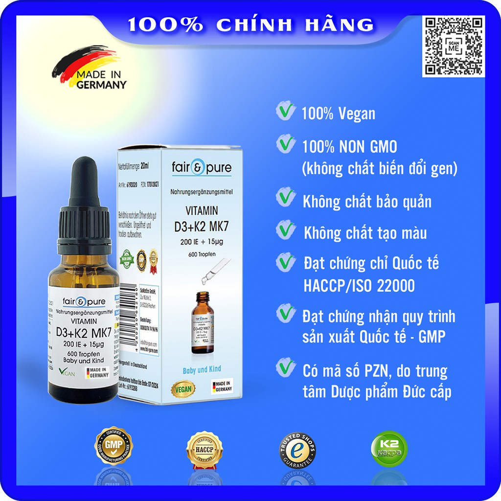 Vitamin D3 K2 MK7 FAIR & PURE thuần chay , hữu cơ cho trẻ sơ sinh và trẻ nhỏ Đức