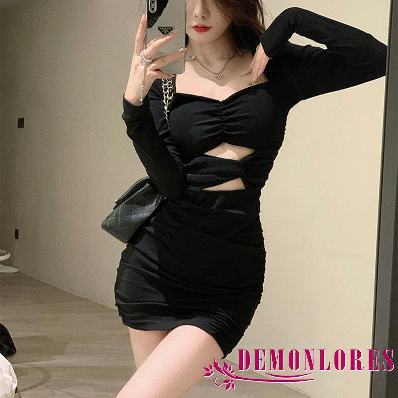 Đầm Tay Dài Dáng Ôm Màu Trơn Khoét Lỗ Thời Trang Mùa Xuân Cho Nữ