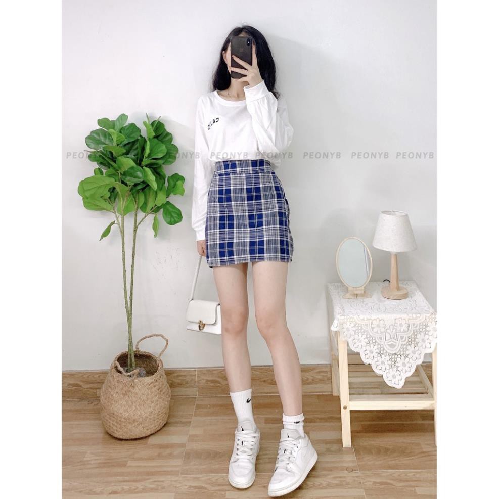 Bộ chân váy caro kèm áo cautio tay dài nữ [FREESHIP] Set đầm mini zip, phông thun trắng bánh bèo tiểu thư ulzzang ĐẸP  ྇