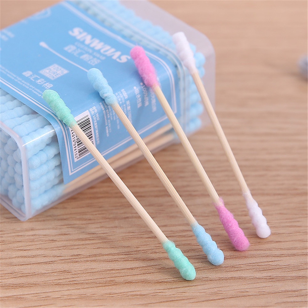 DIACHA 100/200Pcs With Storage Box Beauty Buds Sticks Disposable Nose Ears Cleaning Cotton Swabs Health Care Double Heads Applicator Tool Hot Bamboo Wood/Multicolor