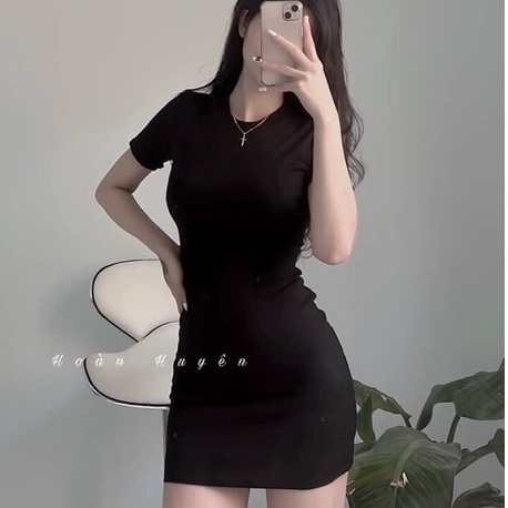 Đầm body váy body nữ thun co giãn, cổ tròn bazic trơn ngắn tay cổ tròn 2 màu