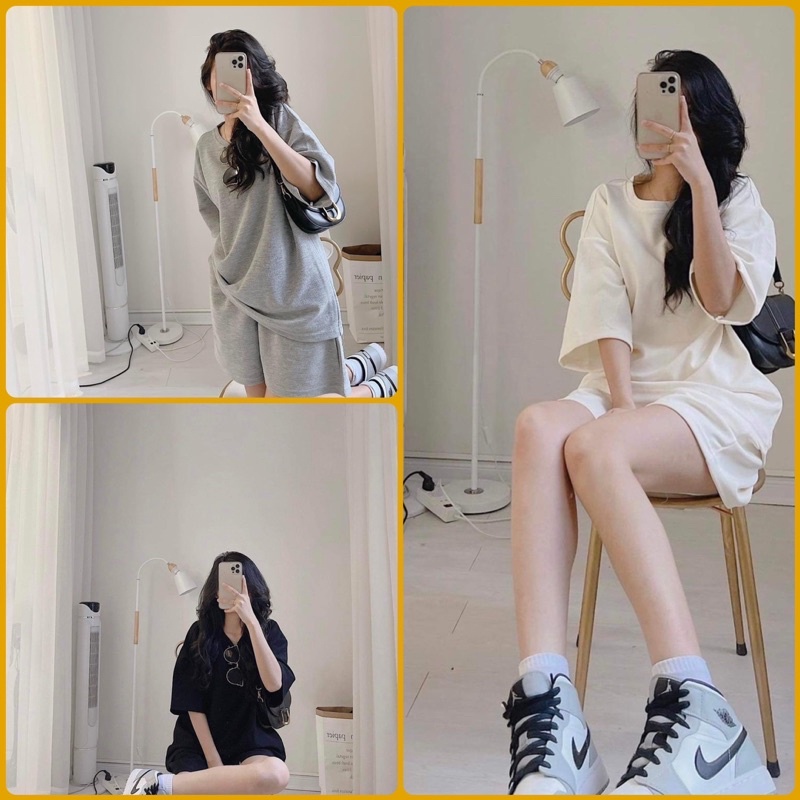 Set đồ nữ bộ quần short đùi áo form rộng tay lỡ, sooc phông mặc ở nhà Ulzzang br