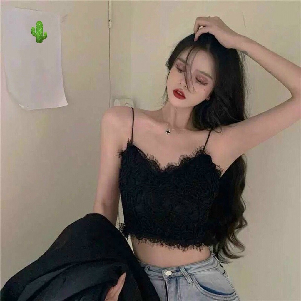 Áo 2 dây viền ren croptop quảng châu cực xinh , chất ren mềm kèm mút ngực