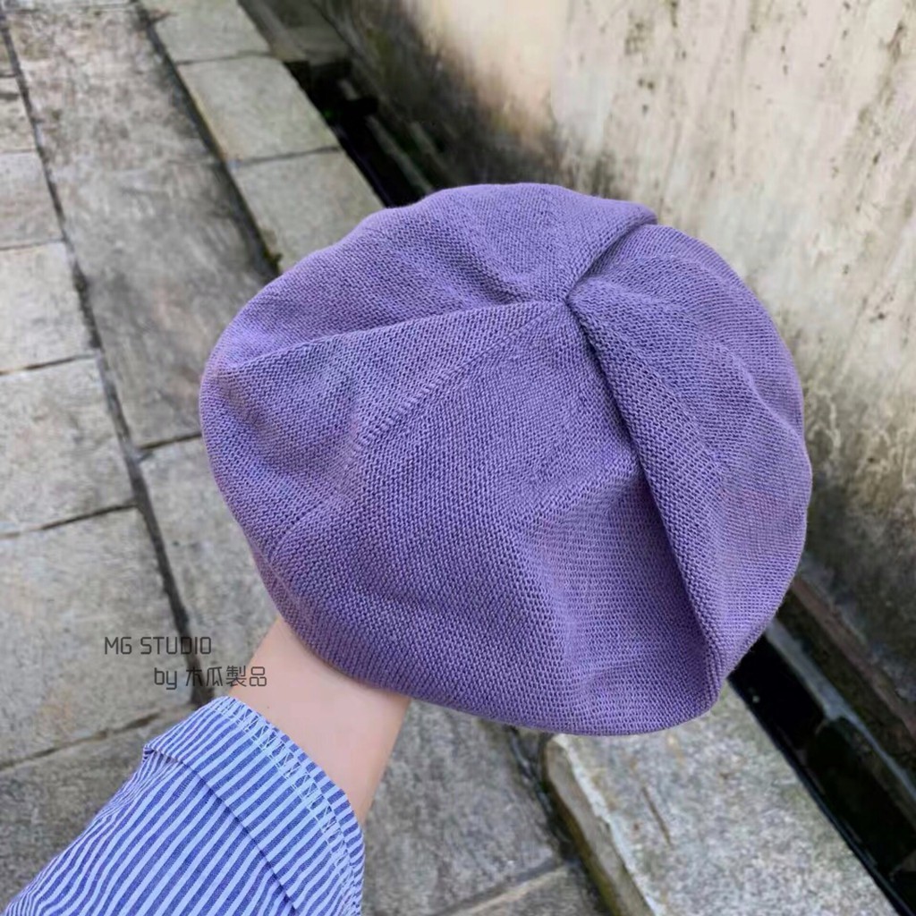 Mũ Beret Vải Cotton Thoáng Khí Màu Tím Dễ Thương