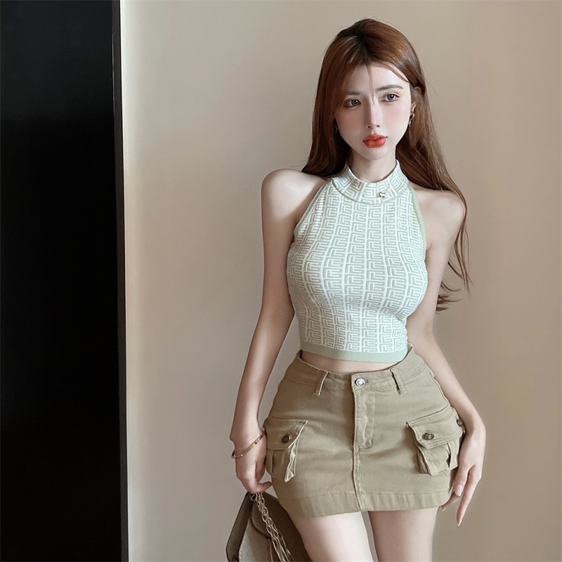 Áo ZHELIHANGFEI vải dệt kim không tay lưng cao quyến rũ thời trang cho nữ