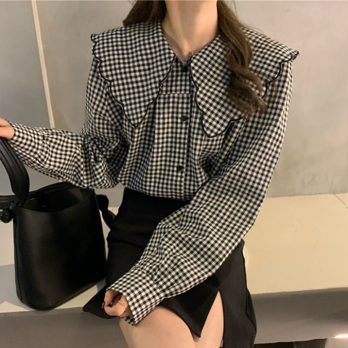 Áo sơ mi cổ búp bê kẻ sọc thời trang retro cho nữ