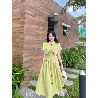 Đầm maxi nút dáng xòe cổ bèo phối viền