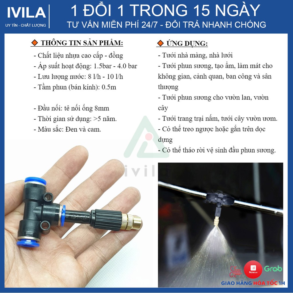 Béc Phun Sương 1 Cửa Kèm Khớp T Nối Nhanh Dây 8mm - Phun Sương Làm Mát Tưới Lan Cây Cảnh - Béc chuẩn tia đều, không tắc