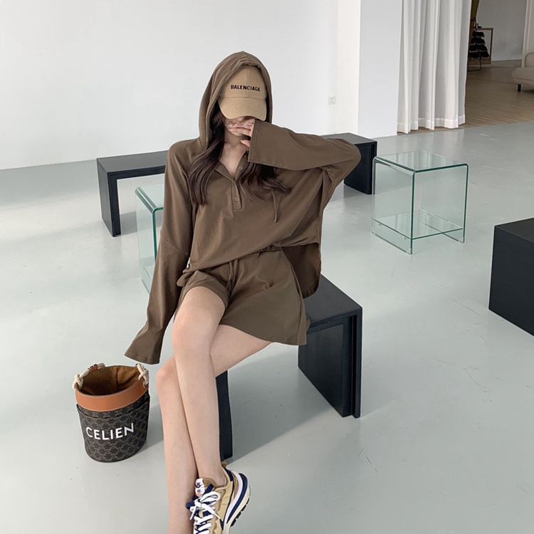 Bộ Áo Hoodie Tay Dài Dáng Rộng + Quần Short Lưng Cao Thời Trang Hàn Quốc Cho Nữ