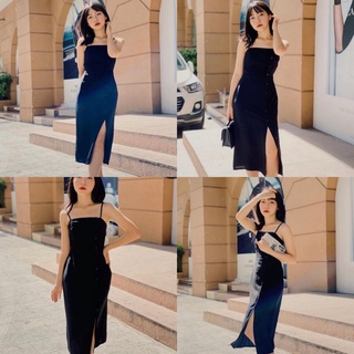 Đầm BamBi dress hai dây màu đen from suông basic vải lụa mịn điểm nhấn hàng nút có chun co giãn và váy có điều chỉnh