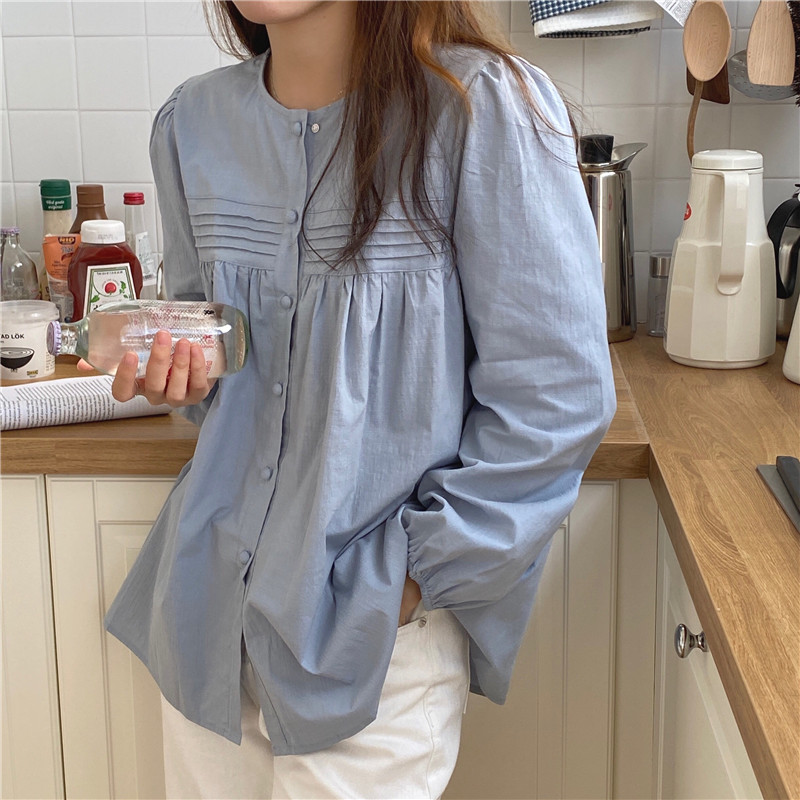 Áo Kiểu Tay Phồng Cổ Tròn Màu Trơn Đơn Giản Cho Nữ 37010