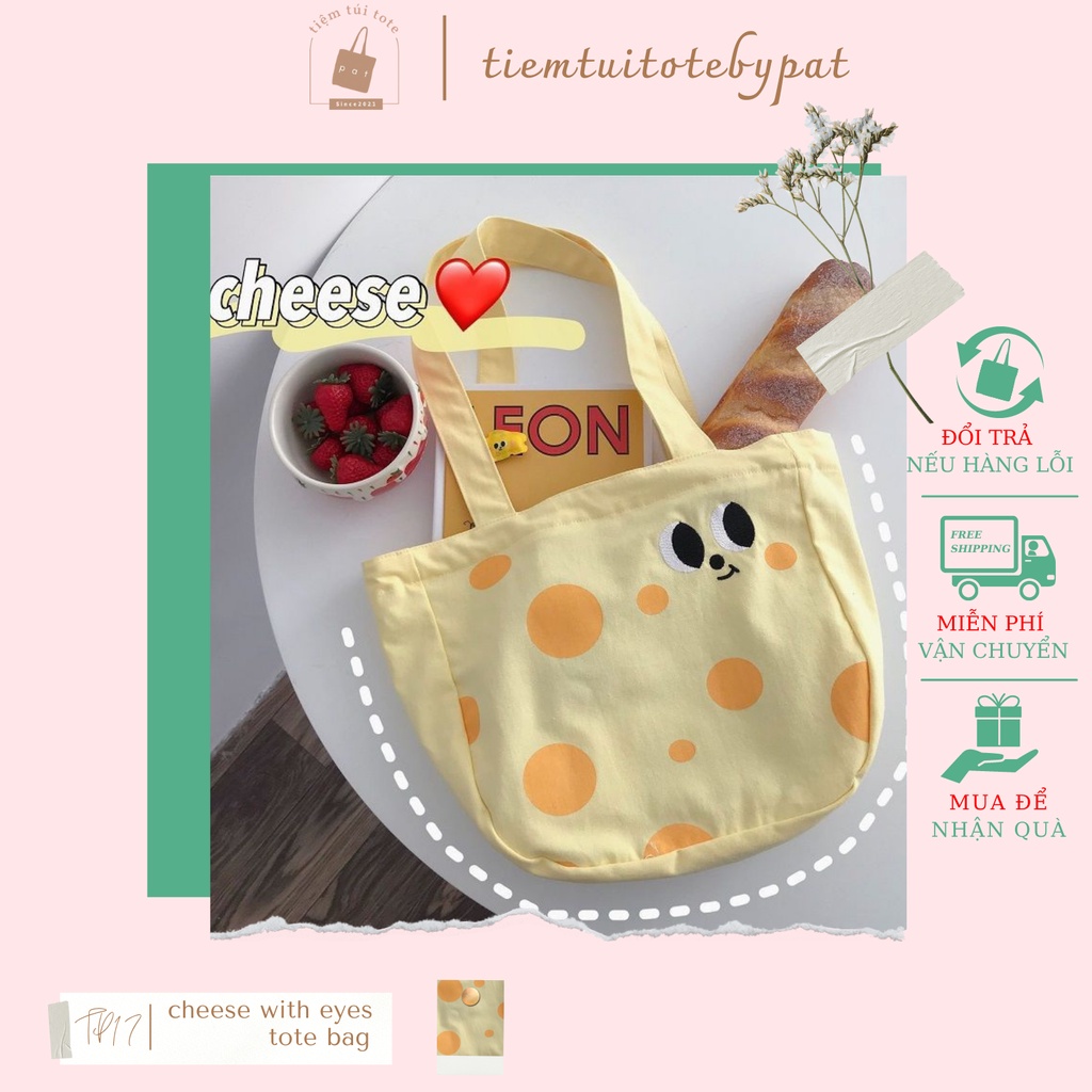 Túi canvas mini đeo vai in họa tiết cheese with eyes có dây kéo và túi trong vừa A4 TP17 | tiemtuitotebypat