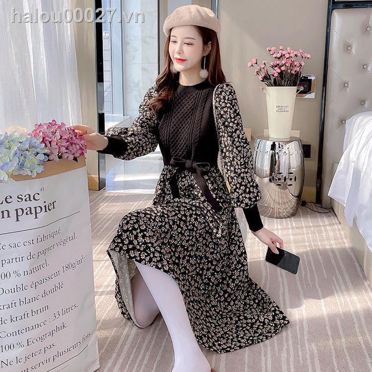 Đầm dệt kim in hoa thời trang mùa đông năm mới cho nữ
