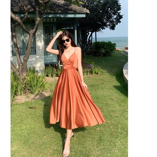 Đầm maxi hở lưng nơ buộc sau lụa quảng châu