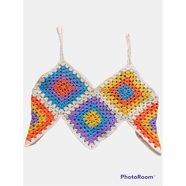Áo hoa văn ghép Len móc crochet top phong cách bohemian