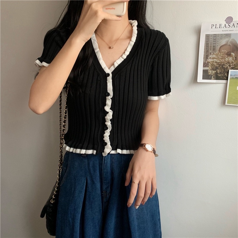 Áo cardigan dệt kim tay ngắn cổ chữ v thời trang trẻ trung mùa hè cho nữ AN4