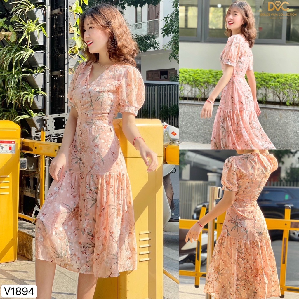Váy hoa cổ V thiết kế V1894 - Đẹp Shop DVC - Kèm ảnh thật trải sàn do shop tự chụp