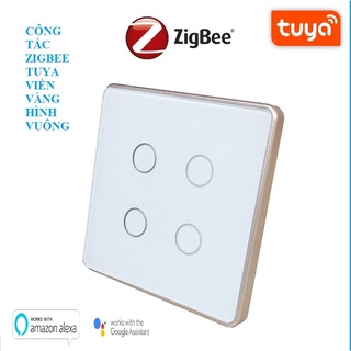 Công Tắc Zigbee Tuya Hình Vuông 1,2,3,4 Nút Lõm-Nút Phẳng, Công Tắc Thông Minh Tuya Zigbee Viền Vàng Điều Khiển Từ Xa