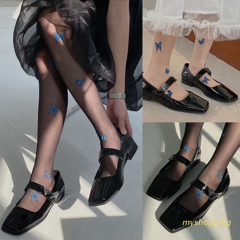 Quần tất không đường may siêu mỏng in họa tiết bướm xanh dương phong cách lolita Nhật Bản ngọt ngào thời trang mùa hè cho nữ