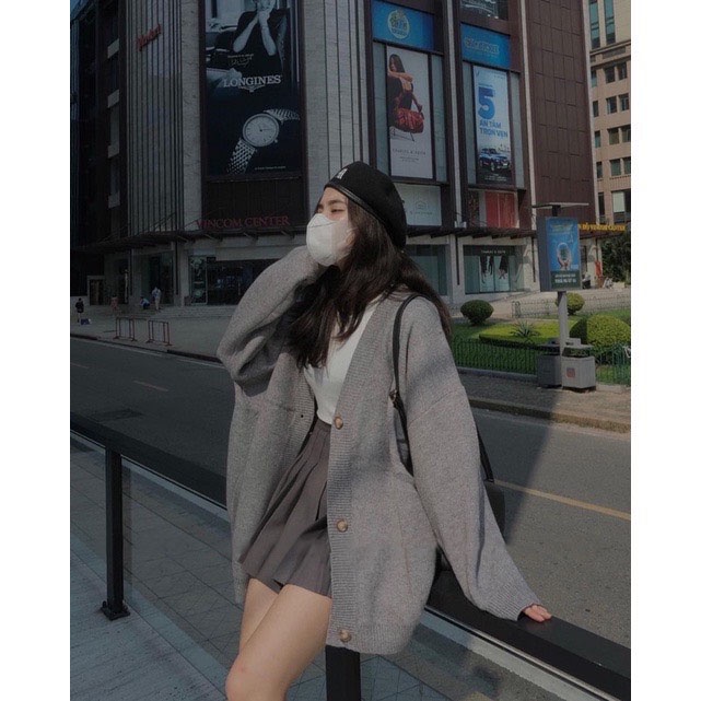 Chất Len Dày Nặng Tay Áo Khoác Len Cardigan Dai Tay Form Rộng Unisex Oversize ulzzang Cài Cúc Cổ Tim V Thêu Chữ AIlee