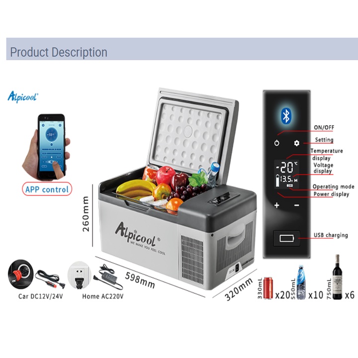 Tủ lạnh mini dùng trên ô tô Alpicool DC15 điều khiển qua điện thoại - HÀNG CHÍNH HÃNG