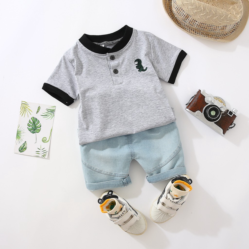 Set áo thun ngắn tay họa tiết khủng long + quần short denim phong cách mùa hè cho bé trai 0-5 tuổi